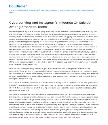 Cyberbullying And Instagram’s Influence On Suicide Among American Teens