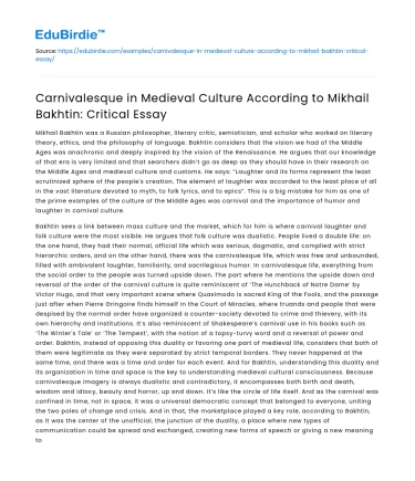 Carnivalesque in Medieval Culture by Mikhail Bakhtin: Critical Analysis