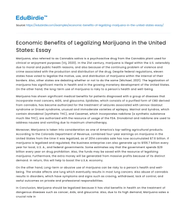 Economic Benefits of Legalizing Marijuana in the United States: Essay