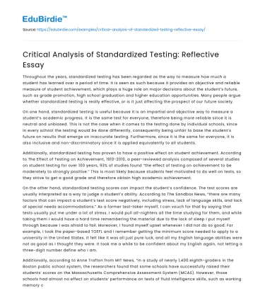 Critical Analysis of Standardized Testing: Reflective Essay
