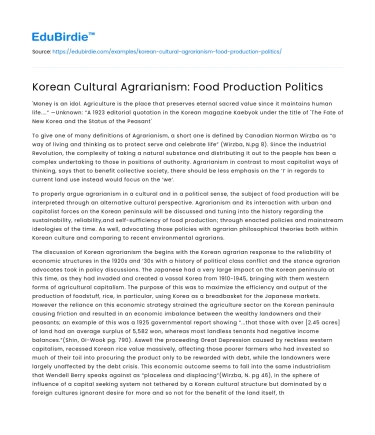 Korean Cultural Agrarianism: Food Production Politics