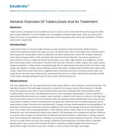 General Overview Of Tuberculosis And Its Treatment