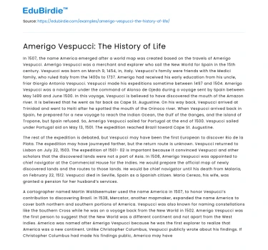 Amerigo Vespucci: The History of Life