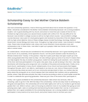 Scholarship Essay to Get Mother Clarice Baldwin Scholarship