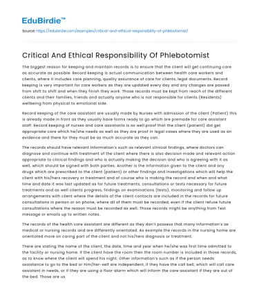 Critical And Ethical Responsibility Of Phlebotomist