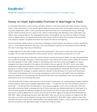 Essay on Iliad: Aphrodite Promise in Marriage to Paris