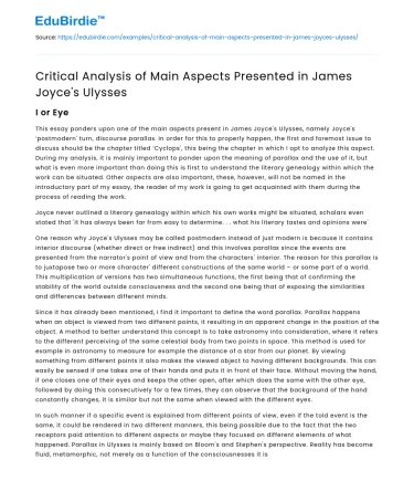 Critical Analysis of Main Aspects Presented in James Joyce’s Ulysses