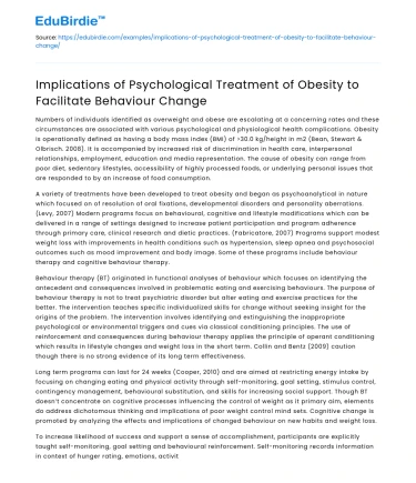 Psychological Treatment of Obesity for Behavior Change