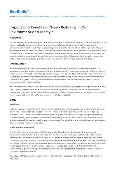 Impact and Benefits of Green Buildings in Our Environment and Lifestyle