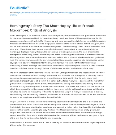 Hemingway’s “The Short Happy Life of Francis Macomber” Analysis