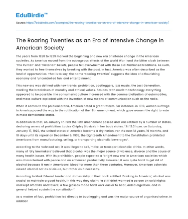 The Roaring Twenties as an Era of Intensive Change in American Society