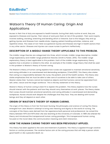 Watson’s Theory Of Human Caring: Origin And Applications