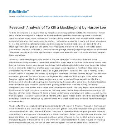 Research Analysis of To Kill a Mockingbird by Harper Lee