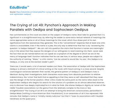 Pynchon’s Parallels: Oedipa vs Sophoclean Oedipus