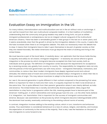 Evaluation Essay on Immigration in the US