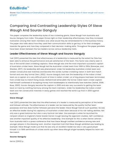 Leadership Styles of Steve Waugh vs Sourav Ganguly