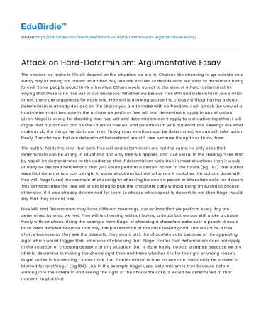 Attack on Hard-Determinism: Argumentative Essay