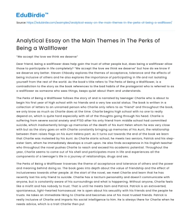 Analytical Essay on the Main Themes in The Perks of Being a Wallflower