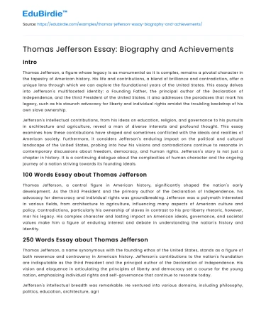 Thomas Jefferson Essay: Biography and Achievements