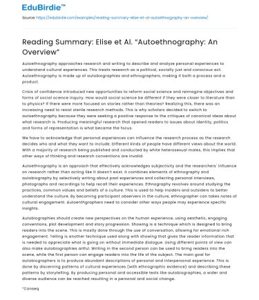 Reading Summary: Elise et Al. “Autoethnography: An Overview”