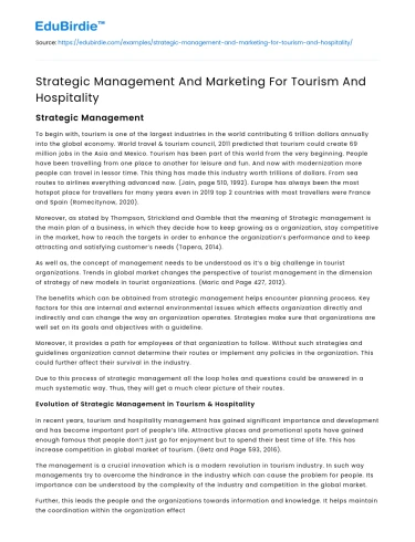 Strategic Management And Marketing For Tourism And Hospitality