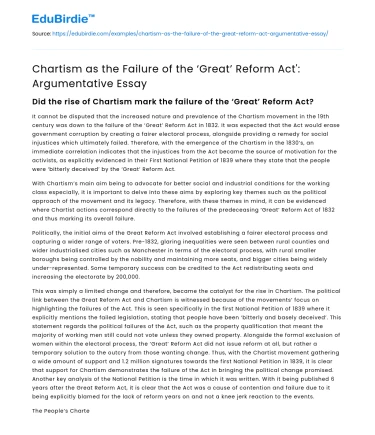 Chartism as the Failure of the ‘Great’ Reform Act’
