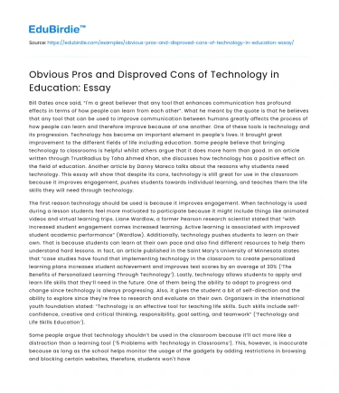 Obvious Pros and Disproved Cons of Technology in Education: Essay