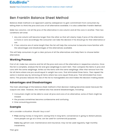 Ben Franklin Balance Sheet Method