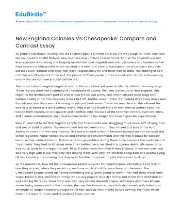 New England Colonies Vs Chesapeake: Compare and Contrast Essay
