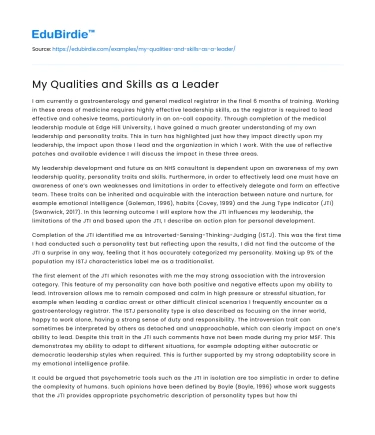 My Qualities and Skills as a Leader