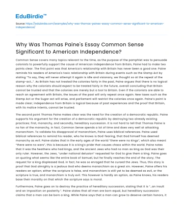 The Significance of Thomas Paine’s ‘Common Sense’ for US Independence