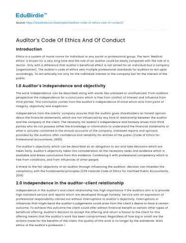 Auditor’s Code Of Ethics And Of Conduct