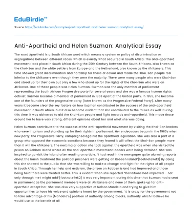Anti-Apartheid and Helen Suzman: Analytical Essay