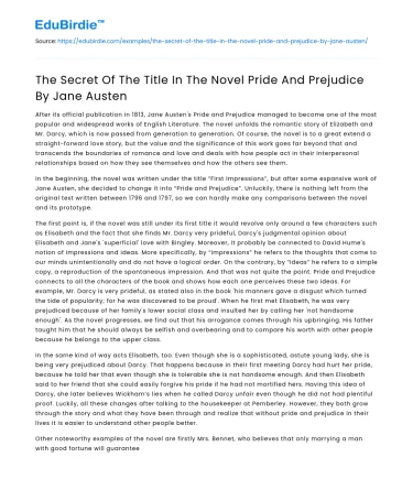 The Secret Of The Title In The Novel Pride And Prejudice By Jane Austen