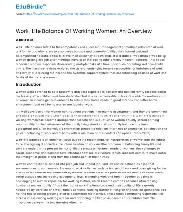 Work-Life Balance Of Working Women: An Overview