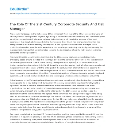The Role Of The 21st Century Corporate Security And Risk Manager