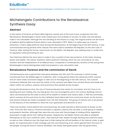 Michelangelo Contributions to the Renaissance: Synthesis Essay