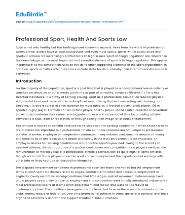 Professional Sport, Health And Sports Law