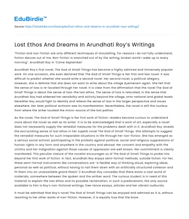 Lost Ethos And Dreams In Arundhati Roy’s Writings