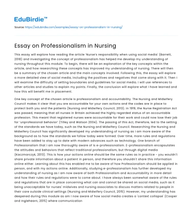 Essay on Professionalism in Nursing