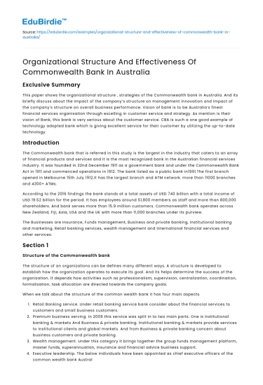 Commonwealth Bank’s Structure and Effectiveness in Australia