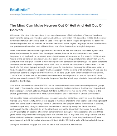 The Mind Can Make Heaven Out Of Hell And Hell Out Of Heaven