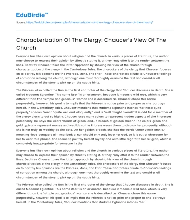 Characterization Of The Clergy: Chaucer’s View Of The Church