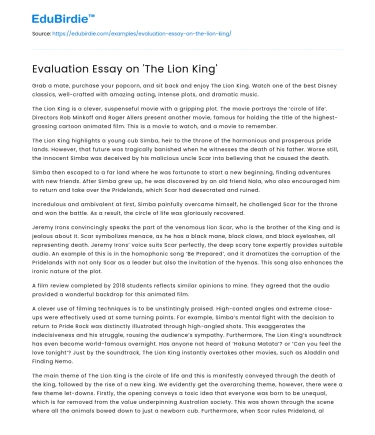 Evaluation Essay on ‘The Lion King’