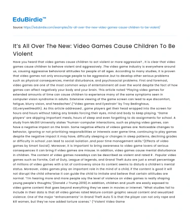 It’s All Over The New: Video Games Cause Children To Be Violent