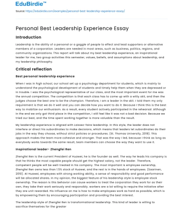 Personal Best Leadership Experience Essay
