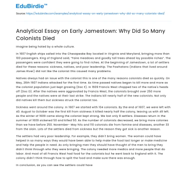 Analytical Essay on Early Jamestown: Why Did So Many Colonists Died