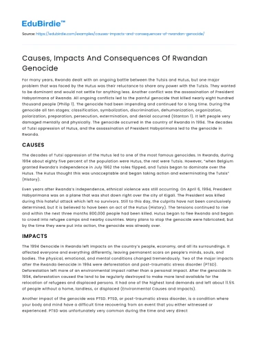 Causes, Impacts And Consequences Of Rwandan Genocide