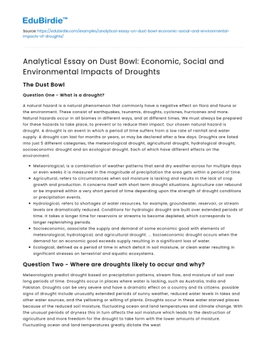 Dust Bowl: Impacts of Droughts on Economy, Society, Environment