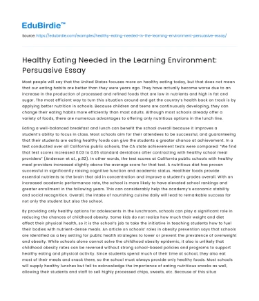Healthy Eating Needed in the Learning Environment: Persuasive Essay